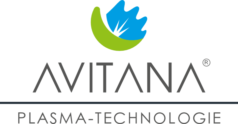 Logo von AVITANA mit stilisiertem Blatt in Blau und Grün, darunter steht "PLASMA-TECHNOLOGIE" in Schwarz.