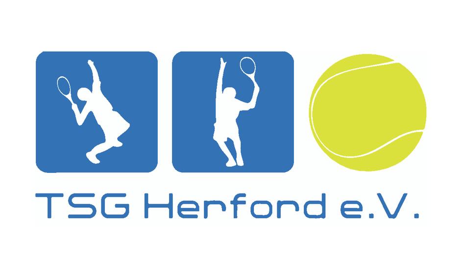Logo der TSG Herford e.V. mit zwei spielenden Tennisspielern und einem Tennisball auf weißem Hintergrund.